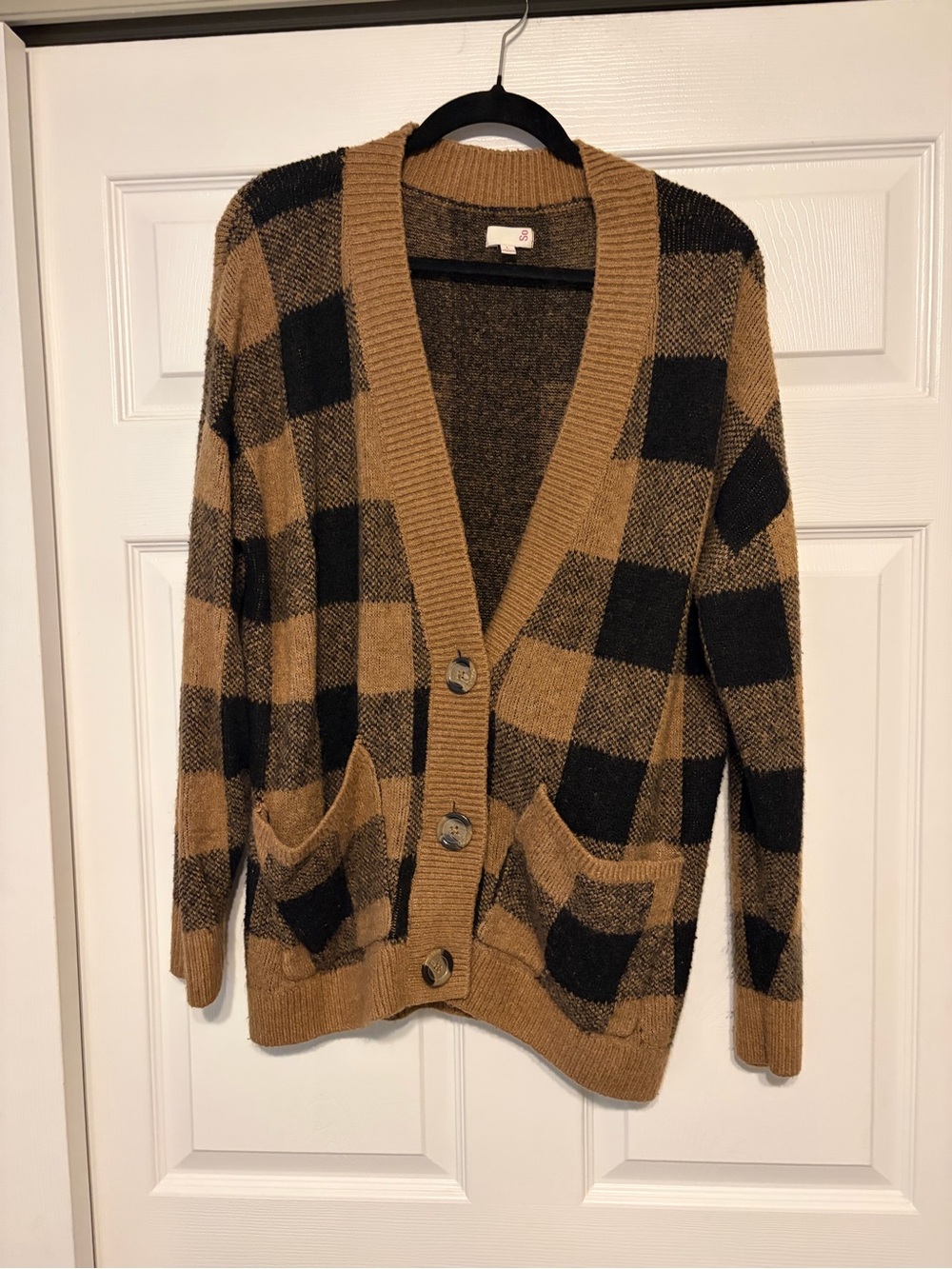 SO Buffalo Plaid Button Front Cardigan Sweater Women’s Size Small Brown & Black